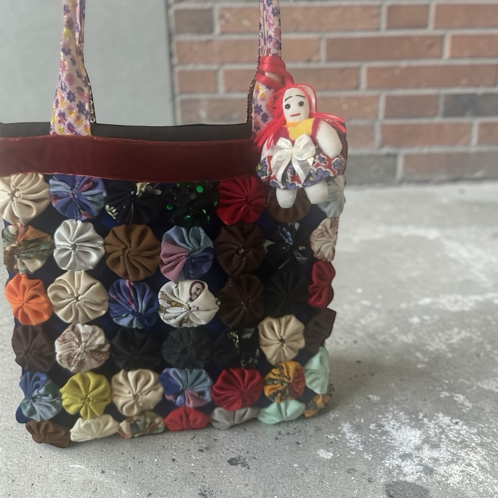 Shoulder Bag with Yo-Yo Quilting with Doll Charm! Multicolored! Unique